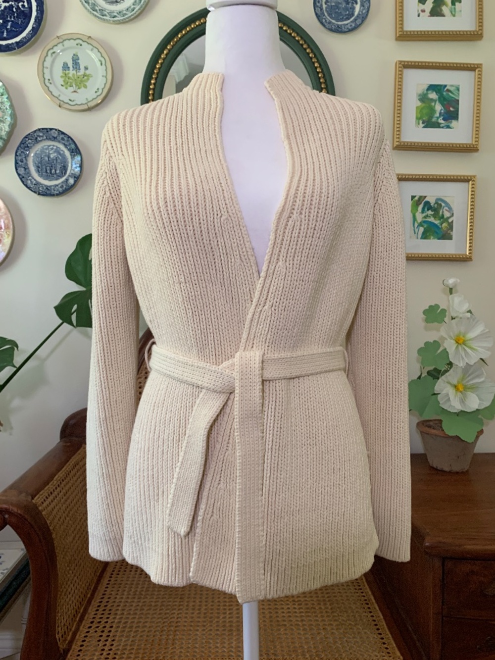 Vintage 90s Y2K Gap Cream Cotton Wrap Belted Sweater Cardigan XS A2